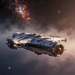 full shot of industrial spaceship in space, bokeh, Hubble photo background, inspired by Ridley Scott, H R Giger, Warhammer, octane render, HD, volumetric lighting, mist, twilight, detailed