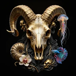 black background. absolutely symmetrical sculpture. centered. goddess princess face close-up portrait ram skull. sculpture made of gold and black charcoal. jellyfish phoenix head, nautilus, orchid, skull, betta fish, bioluminiscent creatures, intricate artwork by Tooth Wu and wlop and beeple. octane render, trending on artstation, greg rutkowski very coherent symmetrical artwork. cinematic, hyper realism, high detail, octane render, 8k