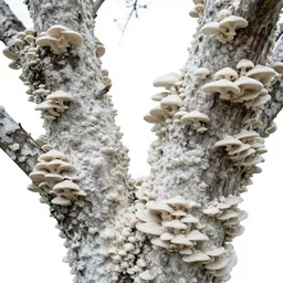 tree infested by fungal bloom, white fungal spores everywhere, trees covered in mushrooms and fungi, white color palette, mushrooms everywhere, no leaves, only fungus