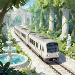 A train subway inside a beautiful elven city made of white marble, anime, lush trees, fountain, statue, a fantasy digital painting by Greg Rutkowski and James Gurney, trending on Artstation, highly detailed