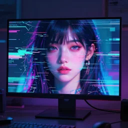A broken monitor with a calm AI girl's face on it. Very very very strong glitches on the monitor. The face is blurry with glitches. Extremely high detail, glitchcore, glitches, glitch, synthwave, cyberpunk, vaporwave, 8k render