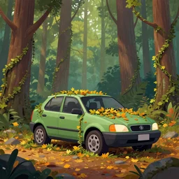 A painting of an overgrown car in a forest, vines coming down from the tall trees, autumn, rocky ground, digital art, trending on Artstation, immaculate scale, amazing composition, cartoon illustration
