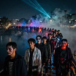 中 国 鬼 节, long procession of the dead is queuing up on the naihe bridge. psychedelic lights and fog, zdzislaw, ayami kojima, yamamoto, barclay shaw, karol bak, hyperrealist, 8 k