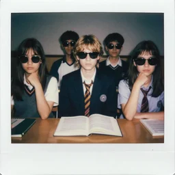 vaporwave, grainy portrait polaroid film photograph of a schoolbook where everyone is wearing sunglasses and super serious. super resolution. extremely detailed. polaroid 6 0 0 film. by annie leibovitz and richard avedon