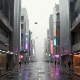 photorealistic streetscape, simple brutalist architecture, metal, concrete, wet streets, white neon lights, colorful neon signs, flying vehicles, pedestrians, greg rutkowski, syd mead, ralph mcquarrie, concept art, matte painting, finely detailed, minimal artifacts, rule of thirds, dynamic lighting, cinematic, denoised, centered, artstation