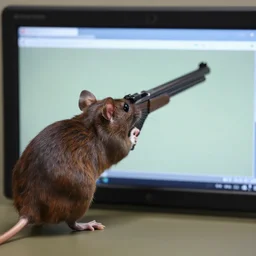rat aiming barrel of gun at screen, 8 k, f 1. 8,