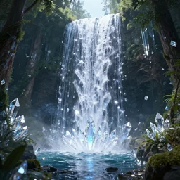 waterfall of crystals and diamonds 3 d unreal engine 5 volumetric lighting enchantingly beautiful forest by dzo