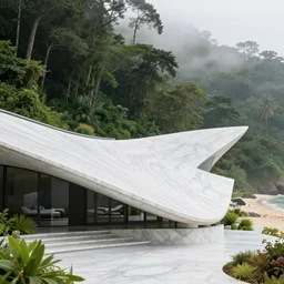 curved roof planes lift and descend creating shade and architectural expression, highly detailed, situated in the forest, next to a beach, marble, vivid color, high resolution photography, mist, luxury