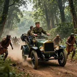 british army driving a car in 1 9 2 1 in kerala forest road, tribe members attacking, action scene, an epic fantasy, dramatic lighting, cinematic, establishing shot, extremely high detail, photorealistic, cinematic lighting, artstation, matte painting by christopher nolan, horizon forbidden west