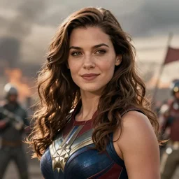 VFX movie still frame portrait beautiful DC vs. Marvel hero woman natural skin, hero pose, war zone by Emmanuel Lubezki