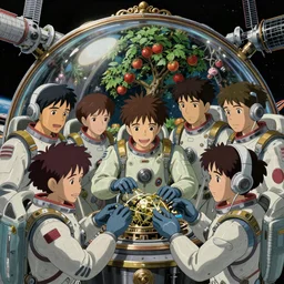 portrait of a team of jubilant space technicians, with detailed facial features, in advanced cybersuits, repairing an orbital spacestation, with a glass dome orchard with fruit trees, in space, insanely detailed and intricate, golden ratio, elegant, ornate, elite, haunting, matte painting, cinematic, cgsociety, unreal engine, 8k, miyazaki, vivid and vibrant