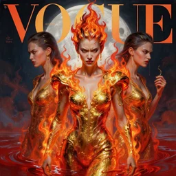 3 d, angry fashion model, flame, liquid gold and red water, moon, vogue cover style, poster art, high detail, intricate oil painting, multiple exposure, heaven mood, hyperrealism, 3 d, by tooth wu and wlop and beeple and greg rutkowski