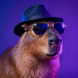 a capybara wearing shiny sunglasses and a hat by greg rutkowski, blue and purle lighting, digital art, ultra realistic, ultra detailed, photorealistic, 4k, character concept