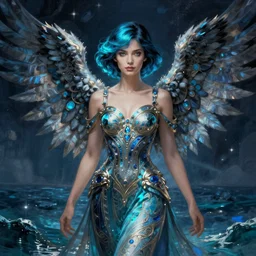 a beautiful cinematic female archangel queen, fantasy sea landscape, fantasy magic, short aqua blue black fade hair, dark light night, intricate, elegant, sharp focus, illustration, highly detailed, digital painting, concept art, matte, art by WLOP and Artgerm and and Alphonse Mucha, masterpiece