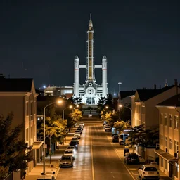 the city street looking towards the spaceport at night by cyril rolando and naomi okubo and dan mumford