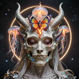 symmetrical biomechanical mask of a demon space by Roberto Ferri. beautiful princess. human skull jellyfish butterfly phoenix head. burning water. intricate artwork by Tooth Wu and wlop and beeple and dan mumford and greg rutkowski. halo. octane render, cinematic, hyper realism, octane render, 8k, depth of field, bokeh. iridescent accents