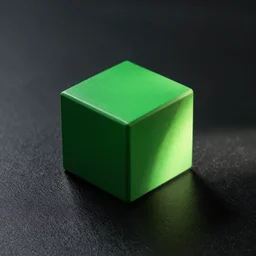 a green cube on a black hard surface. perspective view. light from right side