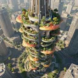 matte painting of the bird's eye view of mushroom tower. garden balconies. ecofuturistic architecture. dynamic perspective. urban, detailed digital art trending in artstation