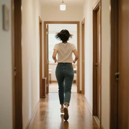 a woman running down the hallway of her home, looking behind her