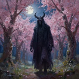 a beautiful painting of the nuckelavee in a cherry blossom forest, volumetric lighting, moonlit by greg rutkowski and kalin popov, trending on artstation, masterpiece,