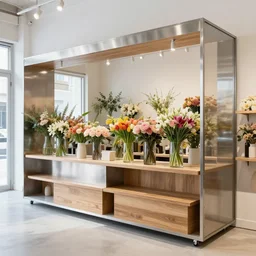 flower retail shop made of stainless steel and wood designed by bluebottle style