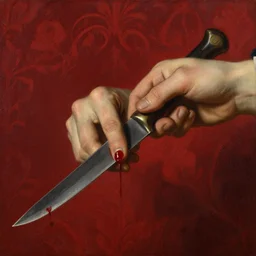 by 1 9 th century famous painter, hands, nail polish, blood smear, blood dripping, knife, realism, realistic, oil painting, red wallpaper background