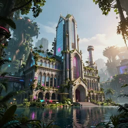 a beautiful hyperdetailed render of city nature architecture industrial architecture abandoned monastery by arne jacobsen, neon noir at night synthwave rainforest forest reclaimed by nature morning sun scumm bar sea lake assassin's creed made of glass, archdaily, wallpaper, highly detailed, trending on artstation.