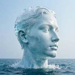 a giant sculpture made out of water of a human head on the ocean, made purely out of water, cinematic, in the style of johnson tsang, long shot, hyper detailed, hyper realistic, ray tracing, 8 k resolution, sharp focus, realistic water, award winning