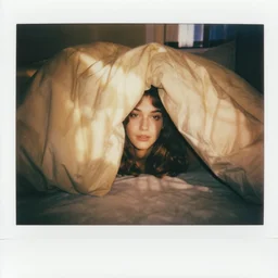 a woman peeking out from under a blanket fort in the afternoon, flash polaroid photo by george hurrell, hazy light rays, golden hour