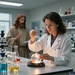 a female professor and jesus in a university chemistry lab, running the expirment that proofs jesus transubstantiation