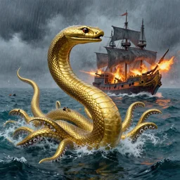 realistic detailled matte painting of a gigantic golden metallic shining water snake with hundred tentacles coming out of the ocean, fighting a heavy burning pirate ship firing back with canons, in the middle of a heavy rain storm, impressionism, by andreas achenbach, anton otto fischer, andreas rocha, 8 k, dynamic lighting, vivid colors