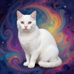 white cat by android jones, in the style of amanda sage, background vibrant, coloured, mystical swirls, full hd