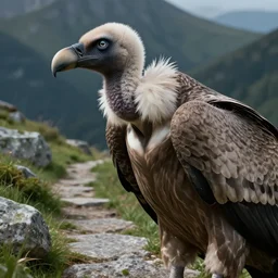 closeup of a vulture. granite and grass mountain path in avila mountains, 4 k, concept art, by wlop, ilya kuvshinov, artgerm, krenz cushart, greg rutkowski, pixiv. cinematic dramatic atmosphere, sharp focus, volumetric lighting, cinematic lighting, studio quality, detailed vulture. feathers. eyes reflections