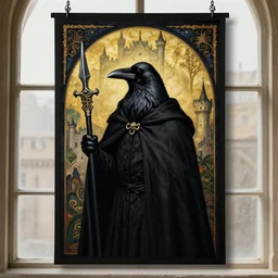 portrait centered on a raven in a vantablack cloak and holding a symbolic weapon. art in the style of symbolism art style. portrait hung up in a windows 9 8 castle. r / oldschoolfantasy