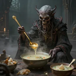 eldritch church of soups soup ceremony performed by a soup aberration sitting in bowls of soup with a golden ladle in its hand, beksinski style, 8 k, hyper detail, octane render, artstation trending, soft light, fog