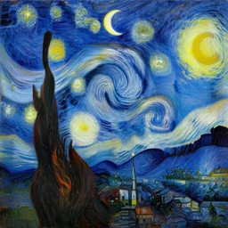 oil - on - canvas painting of a blue night sky with roiling energy. a fuzzy and bright yellow crescent moon shining at the top. below the exploding yellow stars and radiating swirls of blue, a distant village sits quietly on the right. connecting earth and sky is a flame - like cypress tree with curling and swaying branches on the left. a church spire rises as a beacon over