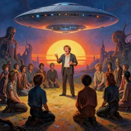 a picture of a happy subgenius - salesman at a alter speaking to a crowd of kneeling cultists, a ufo in the sky, sunrise, a detailed matte painting by mort kunstler, pixiv, kitsch movement, hellish background, movie poster, official art