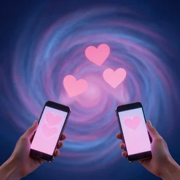 2 phones send hearts to each other through the air. hypnotic background