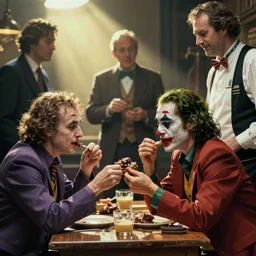 brad dourif and the joker eat meat with their hands despite the protests of the waiter,  painted by norman rockwell and tom lovell and frank schoonover