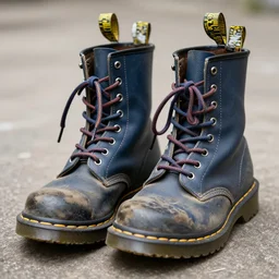 a battered old pair of Dr martens boots, boots are blue, laces are multicoloured