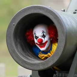 clown peeking head out of artillery barrel