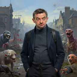 battlefield 3, mr bean as protagonist, portrait, outdoors european cityscape, atmospheric lighting, painted, intricate, volumetric lighting, beautiful, daytime, winter, clear weather, mutated wildlife, sharp focus, deep colours, ultra detailed, art by william turner