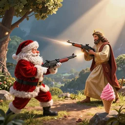 Santa and Jesus have an epic machine gun battle whilst a pink ice cream watches on from a distance