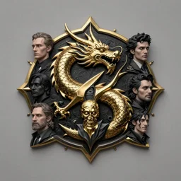 portrait of black and golden metallic dragon emblem, by artgerm, tom bagshaw, gerald brom, moody vibe, goth vibe, 4 k, hd,