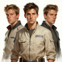 portrait of a man by Greg Rutkowski, who looks like a mixture between Adam Brody, Harris Dickinson and Shane Harper, wearing beige utilitarian jumpsuit, scifi, highly detailed portrait, digital painting, artstation, concept art, smooth, sharp foccus ilustration, Artstation HQ.