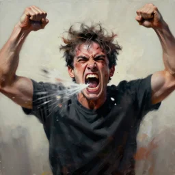 jerma985 screeching, rage face, furious, spit flying from mouth, motion blur, smeared face, arms thrown up painting by phil hale!!! hd high quality