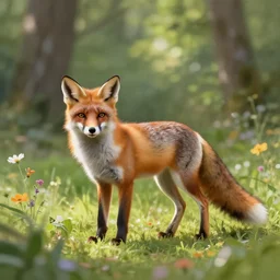 a wide angle shot of a beautiful fox in the forest covered in flowers, sunlight beaming down, highly detailed brush style, soft fur, two pointed ears, thick fluffy tail, beautiful lighting, wildlife, digital art, trending on ArtStation