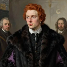 intricate beautiful medium - shot, highly detailed, young male man wearing a small earring with pearl ( ( ( no beard, bald chin ) ) ) reddish hair, in winter clothes of 1 7 th century, lilac and black clothes, black!!! fur coat, black furcoat, winter fair, cinematic lighting, beautiful, digital art, oil painting, matte painting, renaissance painting, by leyendecker, by rutkowsky, by perov, by repin, by mucha, by botticelli