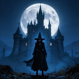 a witch is standing on the foreground, in the background is a castle in front of the full big moon, realistic digital wallpaper, fantasy photo manipulation, blue colors, cinematic lighting