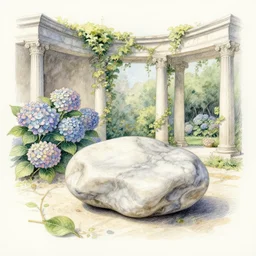 delicate marble in a garden, stony, puffy, botanical herbarium paper, botanic, watercolor colored painting, pencil, iridescent colors, 8 k, realistic shaded, fine details, artstation, italian, colonnade, hydrangea, vines, gardena architecture, pompeii